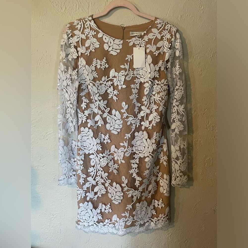Dress The Population Grace A-Line Elegant Lace Floral Dress - White and Tan - Picture 2 of 9